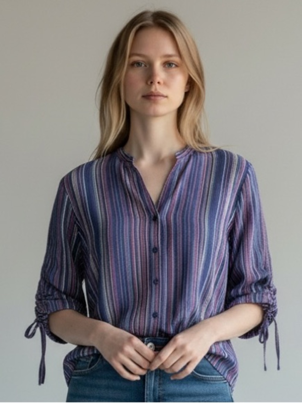 100% Cotton Karen Scott Navy and Multi-Stripe Button-Down Shirt